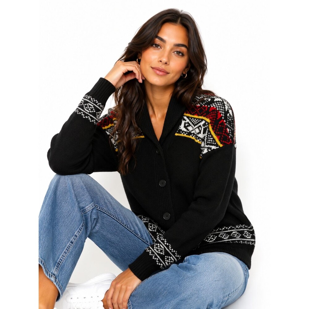 The Kooples Women's Black Fair Isle Chunky 100% Wool Cardigan Sweater Size 2/6-8